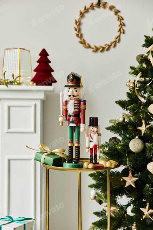 Preview: Stylish christmas composition at living room interior with white chimney and decoration.