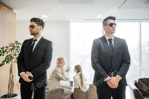Preview: private security service, personal safety concept, handsome bodyguards in formal wear