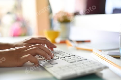 Preview: Cropped shot female hands using computer, typing on keyboard.