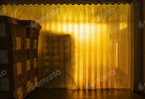 Preview: Yellow warehouse storage with stacked cardboard package and export product in temperature controlled
