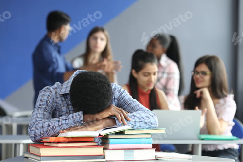 Preview: Books, education and students studying together, happy to share ideas