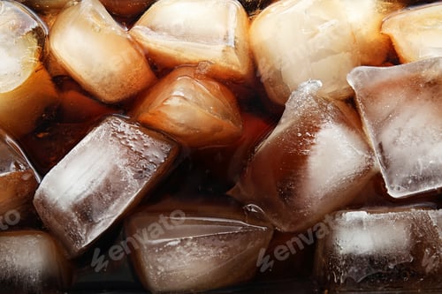 Preview: Closeup view of tasty refreshing cola with ice cubes as background