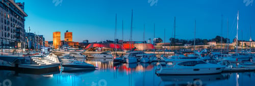 Preview: Oslo, Norway. Night View Embankment, Oslo City Hall And Moored Yachts Near Aker Brygge District