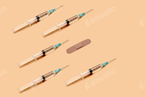 Preview: Vaccination poster. A pattern of syringes and glued plaster at the injection site. Covid 19