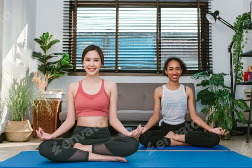 Preview: Young adult women doing yoga ,exercising at home with friends , sport and recreation concept