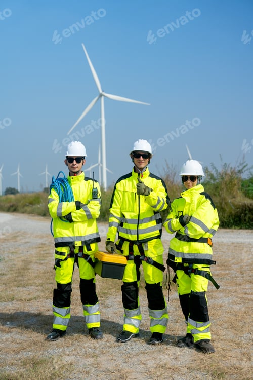 Preview: Vertical image of wind turbine or windmill workers or technicians stand with arm-crossed on road