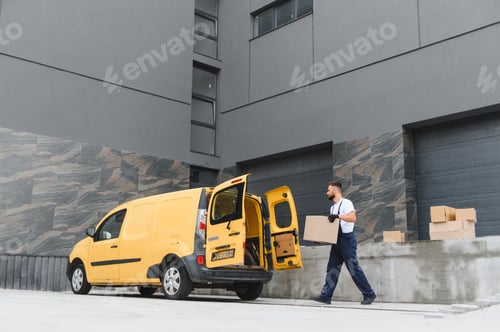 Preview: Courier carrying cardboard box from delivery van