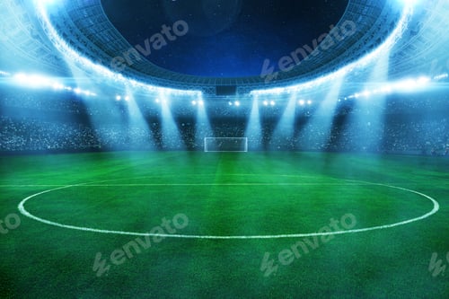 Preview: Modern football stadium with green lawn and blue spotlight. Football world championship