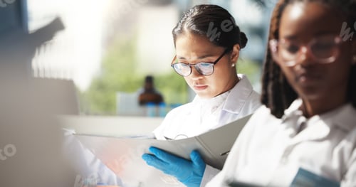 Preview: Reading, scientists and women with document, lab and info for treatment of disease or cure. Healthc