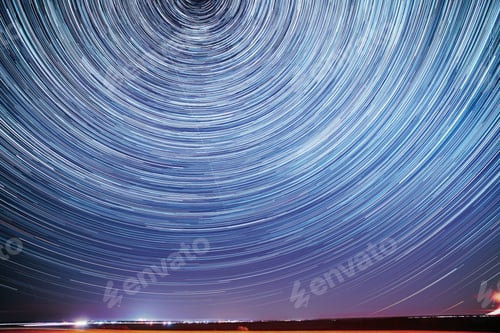 Preview: Unusual Amazing Stars Effect In Sky. Trace Of Moon. Spin Of Star And Meteoric Trails On Night Sky