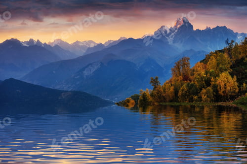 Preview: Sunset on mountain lake Koruldi. Upper Svaneti, Georgia, Europe.