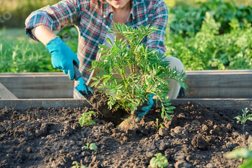 Preview: Woman planting marigold plant in raised bed, spring summer season