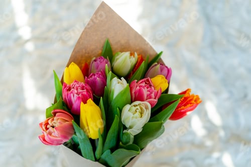 Preview: Bouquet of colorful tulips. Tulip spring flower. Floral flowers background