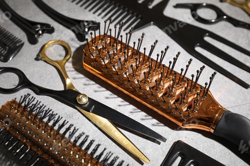 Preview: Different hairdresser's tools on grey table, closeup