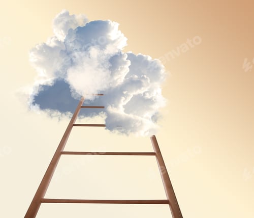 Preview: Ladder leading to cloud on beige gradient background, low angle view
