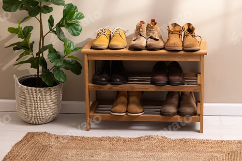 Brown shoes on a shoe rack with plant