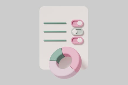 Preview: Abstract graphic with white rectangle, horizontal lines, toggle switches, and pie chart.