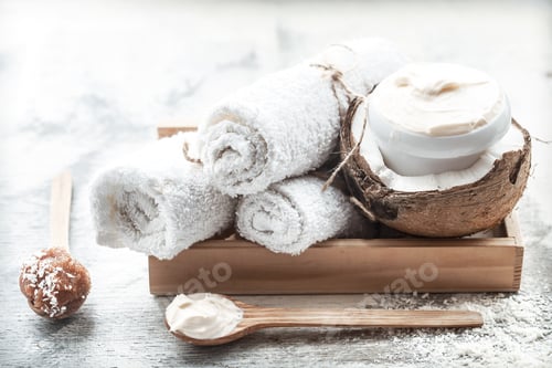Preview: Spa still life with fresh coconut and body care products