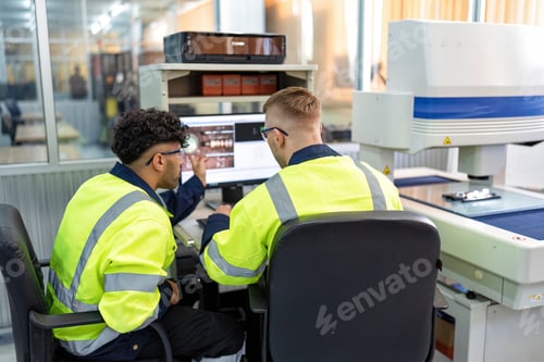Preview: Engineer sitting in robot fabrication room use measuring microscope machine check electronic board