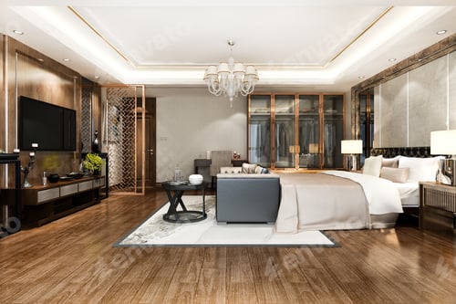 Preview: 3d rendering luxury modern bedroom suite tv with wardrobe and walk in closet and working table