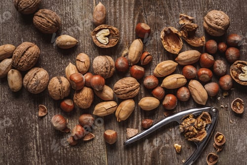Preview: top view of various nuts and nutcracker on wooden surface