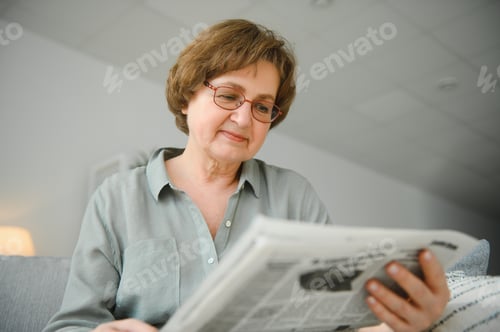 Preview: age and people concept - happy senior woman reading newspaper at home