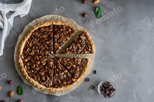 Preview: Tart with chocolate caramel, hazelnuts, peanuts, almonds and seed mix on a dark concrete background