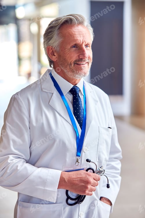 Preview: Portrait Of Smiling Mature Doctor Wearing White Coat Standing Inside Hospital Building