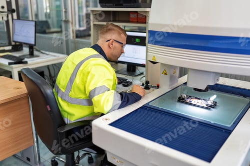 Preview: Engineer sitting in robot fabrication room use measuring microscope machine check electronic board