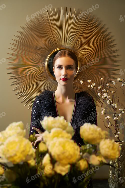 Preview: Portrait of pretty girl with red lips and neutral make up with mirror behind her head on background