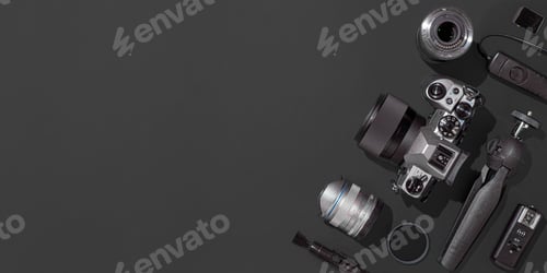 Preview: Camera and accessories on black, copy space