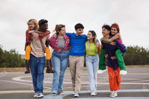 Preview: Group of diverse young people having fun together outdoor - Concept of multiethnic friendship