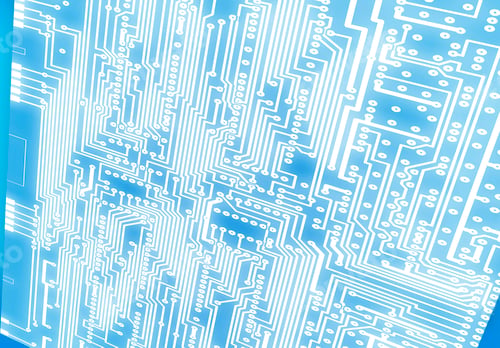 Preview: dark blue circuit board scheme with conductors and solder