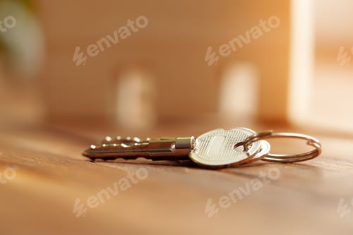 Preview: House keys on wooden table close up