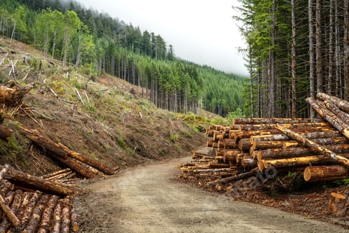 Preview: Sawed trees stacked on the roadside in the forest. Logging concept. Caycuse, Cowichan, BC Canada.