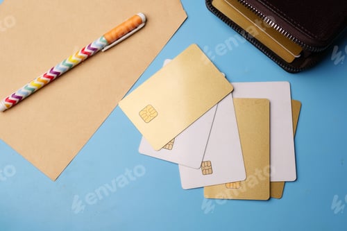 Preview: close up of credit cards on wooden background