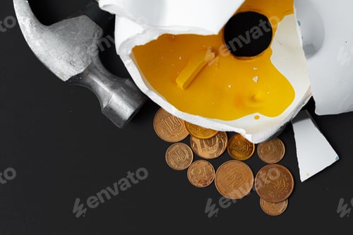 Preview: Broken piggy bank with ukrainian hryvnia coins. Poverty concept