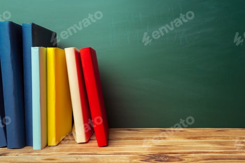 Preview: Colorful books are arranged neatly on a wooden shelf against a green chalkboard