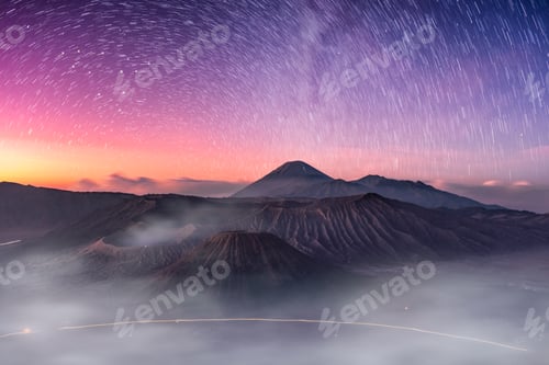 Preview: Mount active volcano, Batok, Bromo, Semeru with starry and fog at dawn