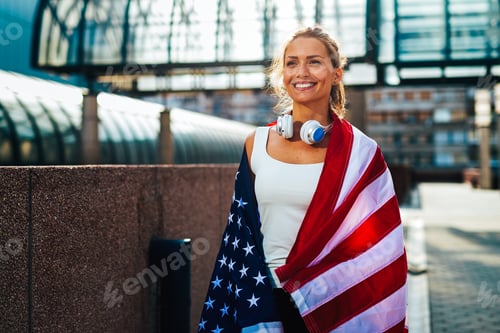 Preview: Portrait of beautiful young fit woman with USA flag. Sport people success healthy lifestyle concept