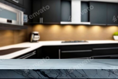 Preview: Empty marble top table with blurred kitchen interior Background. for product display.