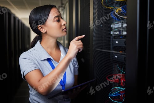 Preview: Woman, technology and inspection of server room, engineering cables and power solution or hardware