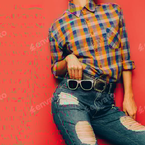 Preview: Denim Fashion with Sunglasses and Plaid Shirt