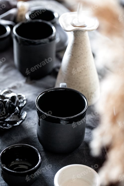 Preview: Rustic table setting with empty craft handmade ceramic tableware