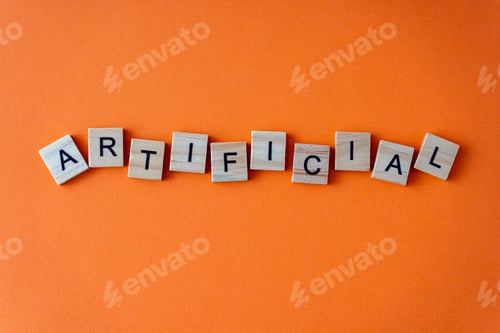 Preview: Word artificial. The phrase is laid out in wooden letters top view. Orange flat lay background.