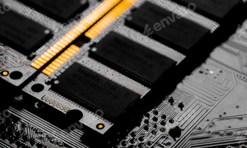 Preview: Macro Close up of computer RAM chip and motherboard
