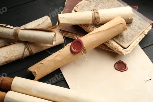 Preview: Many old rolled scrolls on black wooden table, closeup