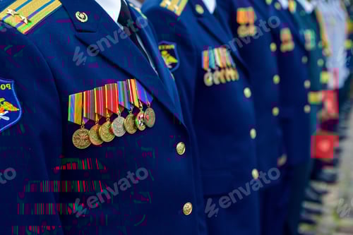 Preview: group of military people on parade in blue jackets and with medals