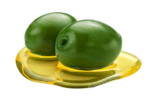 Preview: Green olives with extra virgin oil spot isolated on white background