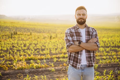 Visualização: Bearded agronomist standing with crossed arms in corn field at sunset